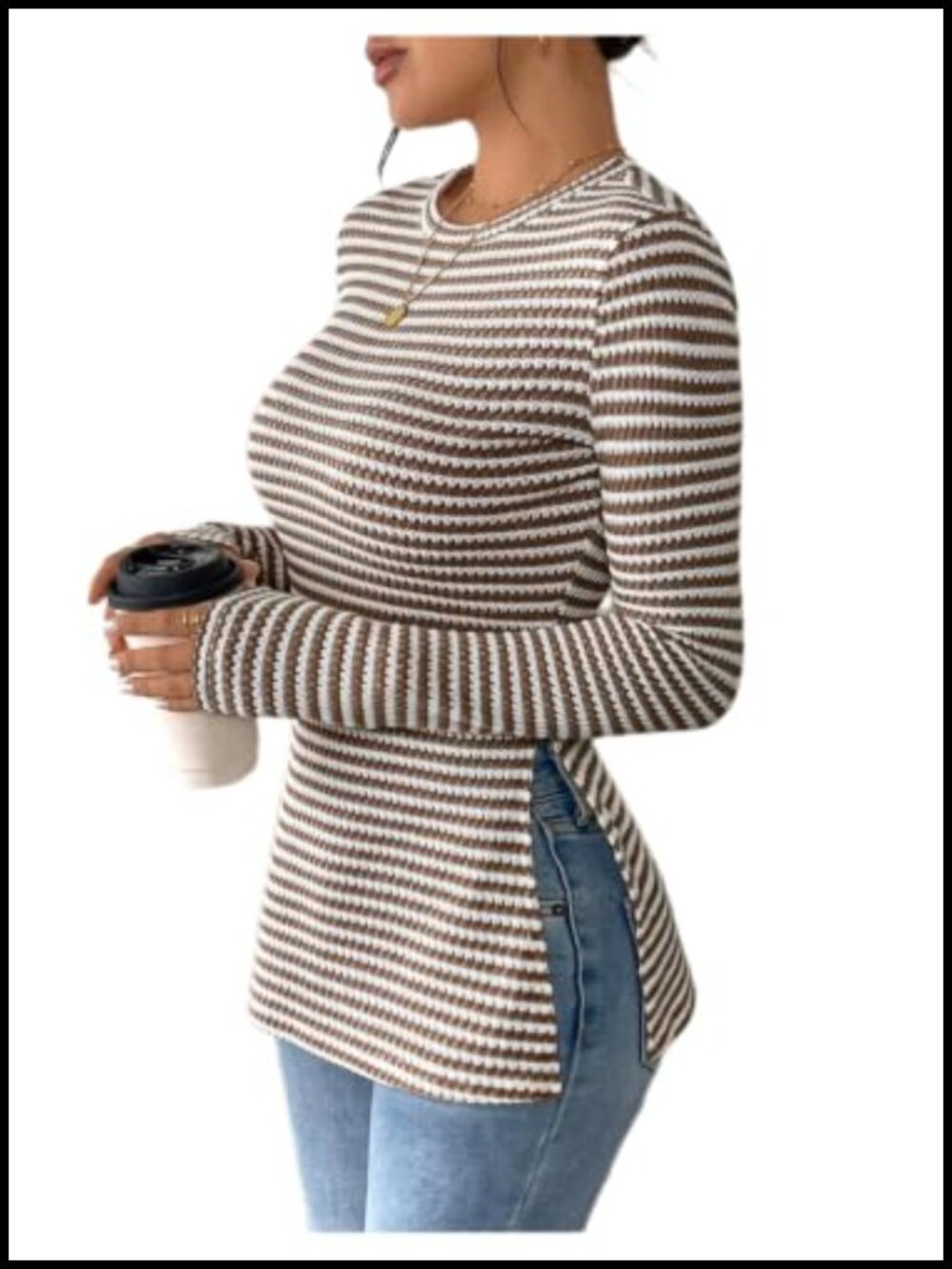 Striped Long Sleeve Ribbed Knit Slim Fit Tee Casual Split Side Top